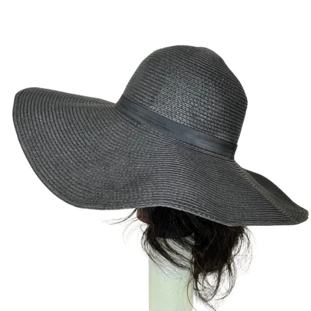 Oversized Black Floppy Straw Sun Hat Wide Brim Boho Goth Beach Vacation